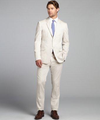 Prada Khaki Cotton Two Button Suit With Flat Front Pants