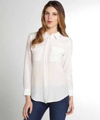 Equipment Femme White Silk Two Pocket Slim Signature Silk Shirt