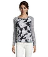 Casual Couture By Green Envelope Black And White Floral Print Chiffon Overlay Long Sleeve Knit Top