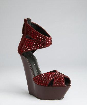 Giuseppe Zanotti Oxblood Suede Crystal Embellished Crisscross Wedge Sandals
