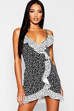 Boohoo Dalmation Spot Frill Wrap Mini Dress