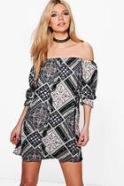 Boohoo Kat Paisley Button Off Shoulder Shift Dress
