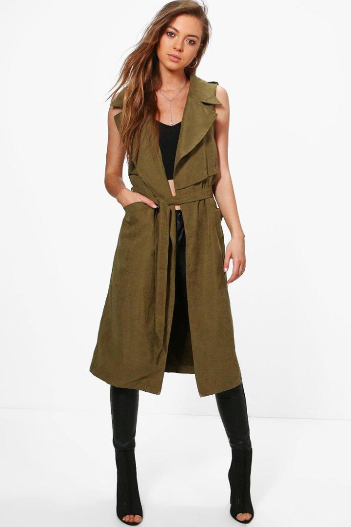 Boohoo Ella Sleeveless Belted Trench Khaki