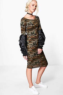 Boohoo Erin Camo Long Sleeve Midi Dress
