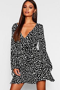 Boohoo Ruffle Front Tie Sleeve Leopard Print Tea Dress