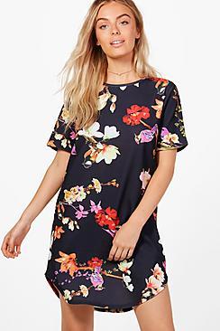 Boohoo Alana Curved Hem Floral Shift Dress