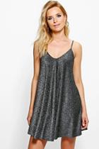 Boohoo Ziena Metallic Low Back Swing Dress Silver