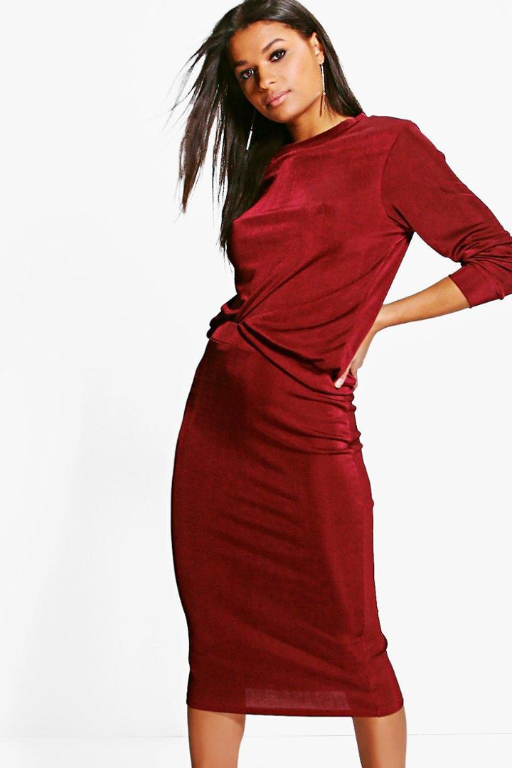 Boohoo Nancy Slinky Sweat Top & Midi Skirt Co-ord Berry