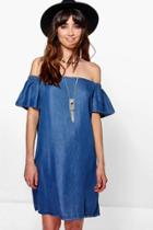 Boohoo Amy Off The Shoulder Denim Dress Indigo