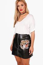 Boohoo Plus Casey Tiger Embroidery Pu Mini Skirt