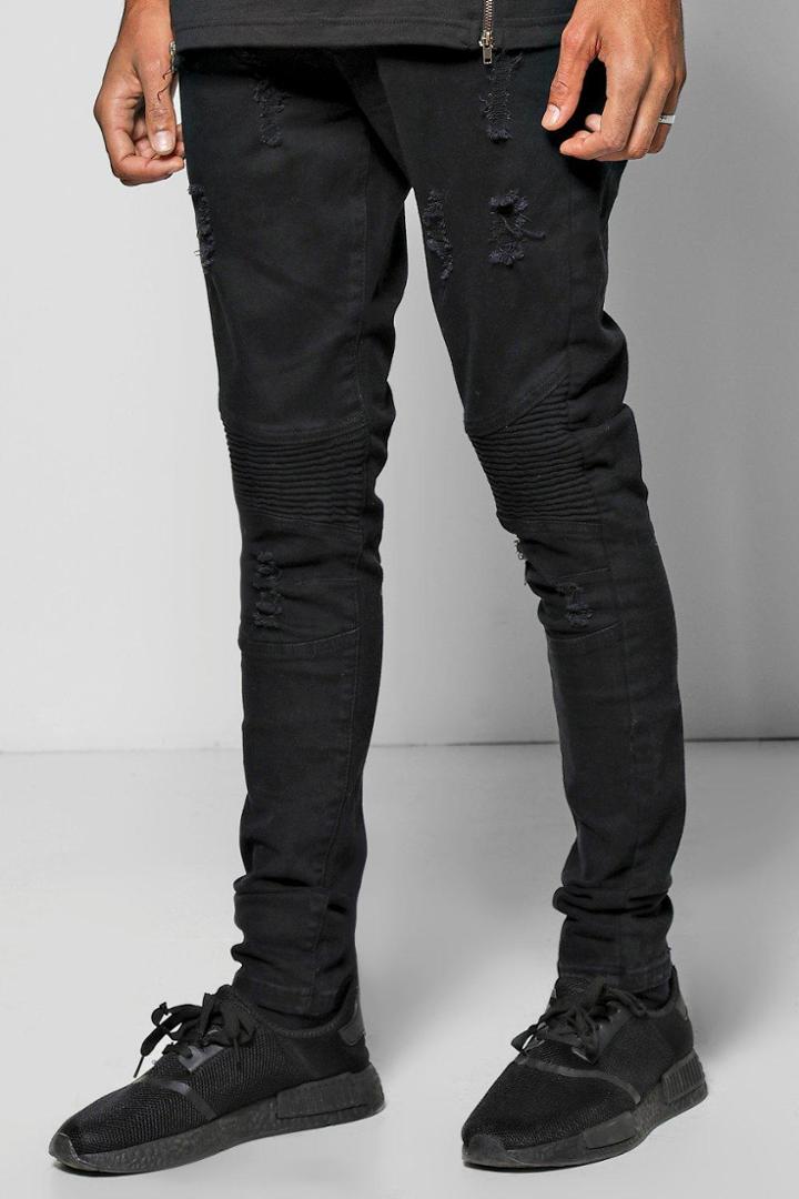 Boohoo Distressed Super Skinny Biker Jeans With Pocket Zip Black