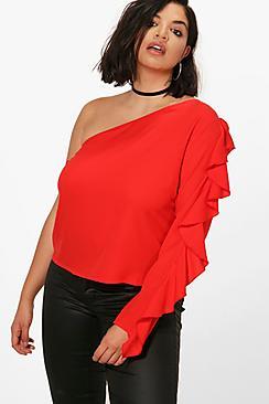 Boohoo Plus Kelly One Shoulder Ruffle Woven Top