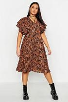Boohoo Plus Zebra Print Bolo Tie Angel Sleeve Midi Dress
