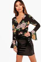 Boohoo Mollie Floral Flare Sleeve Cut Out Blouse