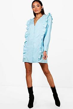 Boohoo Ruffle Front V Neck Shift Dress