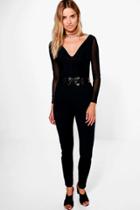 Boohoo Layla Mesh Plunge Body & Skinny Trouser Co-ord Black