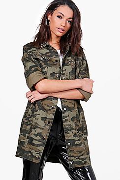 Boohoo Rae Camo Longline Denim Jacket