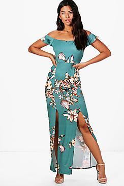 Boohoo Kate Printed Bardot Maxi Dress