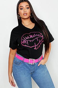 Boohoo Plus Neon Lips Slogan T-shirt