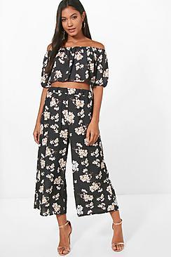 Boohoo Bridget Floral Crop And Woven Culotte