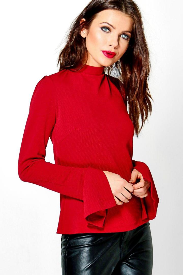 Boohoo April Textured Split Sleeve Shell Top Red
