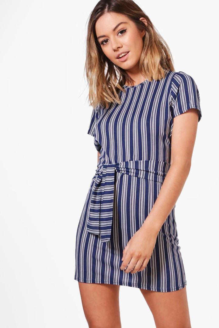 Boohoo Petite Amy Stripe Tie Waist T-shirt Dress Multi