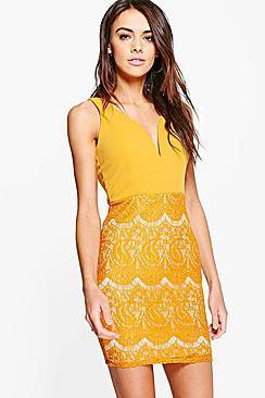 Boohoo Sade Lace Contrast Plunge Bodycon Dress