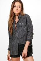 Boohoo Faye Paint Splatter Oversize Denim Shirt Black