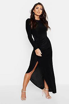 Boohoo Ruched Long Sleeve Maxi Dress