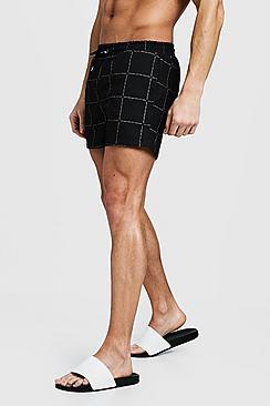 Boohoo Man Square Print Mid Length Swim Short