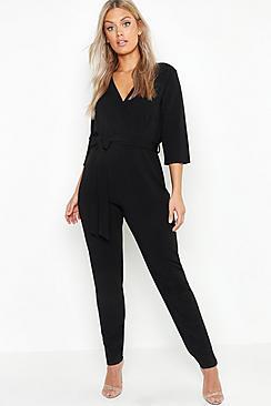 Boohoo Plus Wrap Tie Belt Jumpsuit