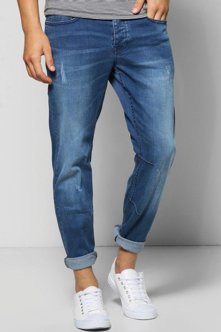 Boohoo Slim Fit Blue Jeans With Sandblasting And Abrasions Blue