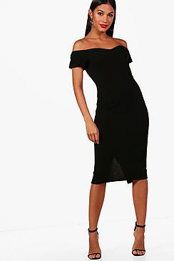 Boohoo Lottie Bardot Puff Sleeve Midi Dress