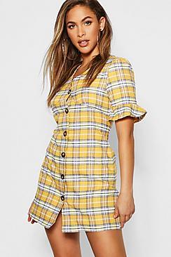 Boohoo Check Horn Button Shift Dress