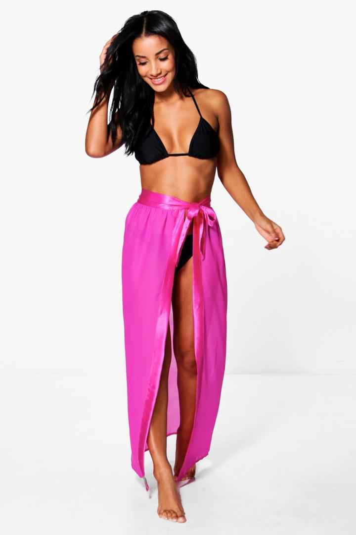 Boohoo Lilly Satin Tie Beach Sarong Raspberry