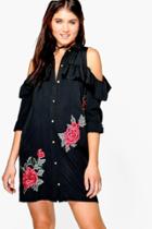 Boohoo Jen Cold Shoulder Embroidered Shirt Dress Black