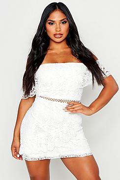Boohoo Lace Off The Shoulder Wrap Bodycon Dress