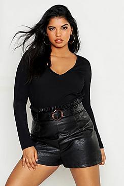 Boohoo Plus Basic Rib Deep Plunge Long Sleeve T-shirt