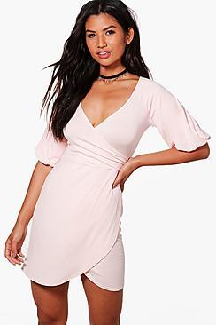Boohoo Rosie Wrap Balloon Sleeve Bodycon Dress