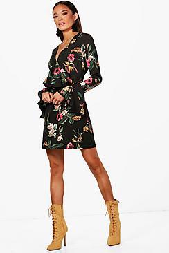 Boohoo Nadine Ruffle Tie Neck Floral Skater Dress