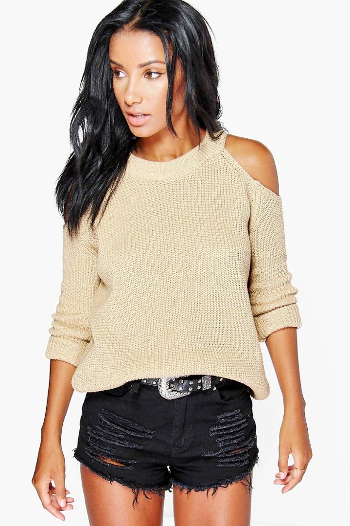 Boohoo Lois Cold Shoulder Jumper Sand