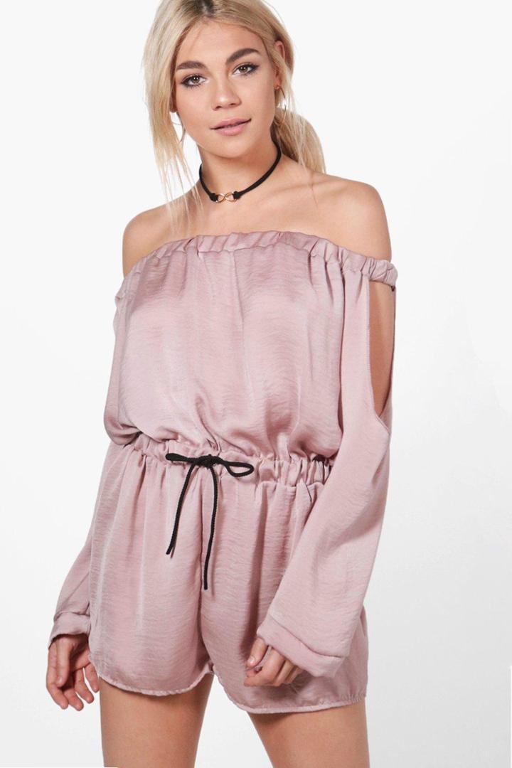 Boohoo Kelly Off The Shoulder Tie Waist Plyasuit Rose