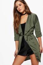Boohoo Petite Tammy Waterfall Ruched Back Belted Duster Khaki
