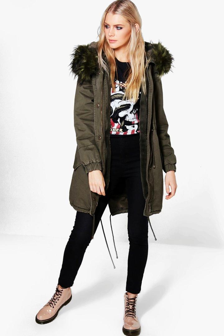 Boohoo Abigail Faux Fur Hood Parka Green