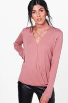 Boohoo Grace Wrap Choker Knitted Top Rose