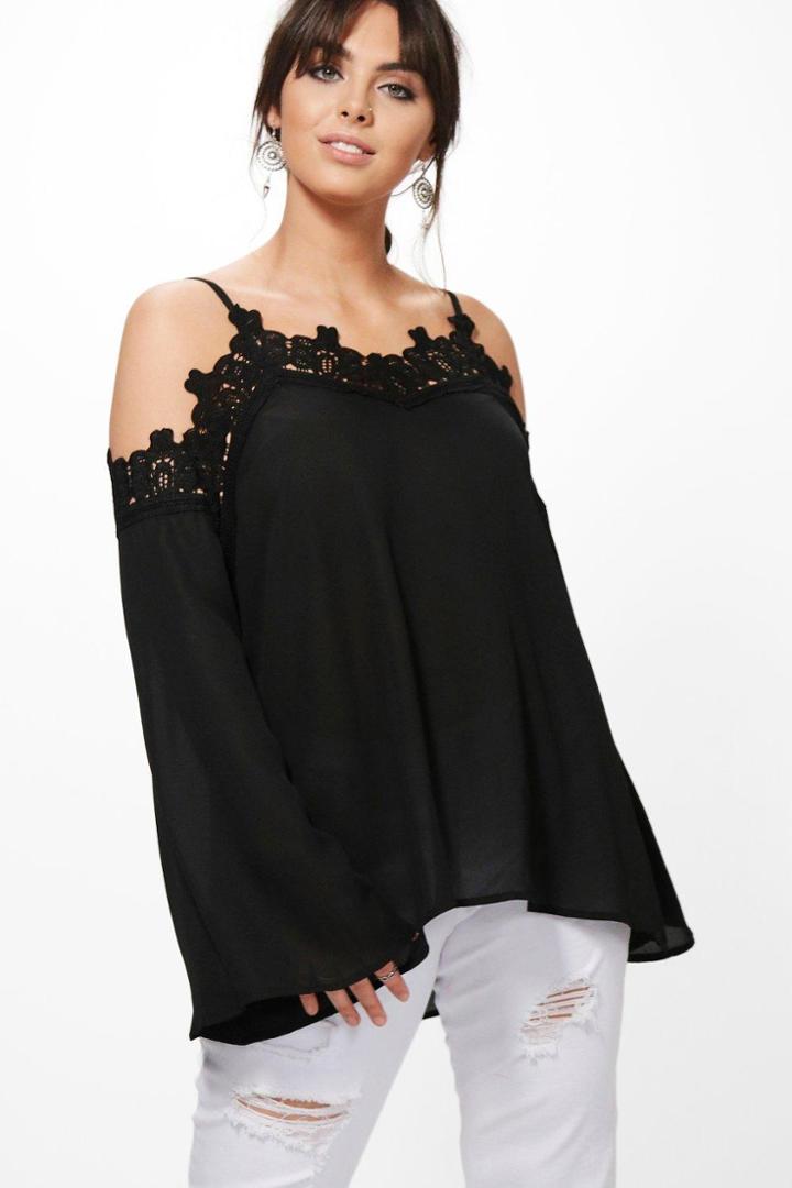Boohoo Plus Kaitlyn Trim Detail Open Shoulder Blouse Black