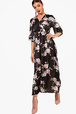 Boohoo Jenna Floral Satin Wrap Midaxi Dress