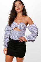 Boohoo Grace Ruched Sleeve Cut Out Striped Bardot Top Navy