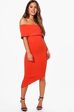 Boohoo Petite Willow Asymmetric Bardot Bodycon Dress