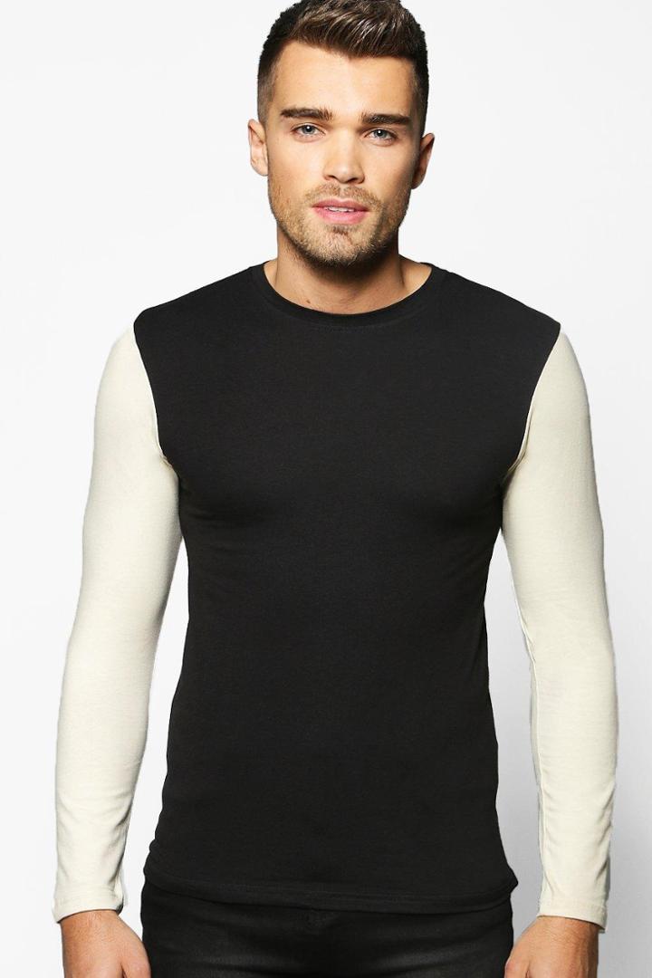 Boohoo Long Sleeve Contrast Muscle Fit T Shirt Stone